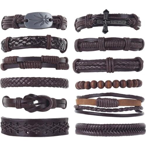 6pcs/set dark brown punk hippie Leather cord braiding knots maple tree leaf tag cross charm Layer wrap man Bracelets Bangles