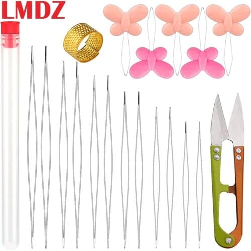 LMDZ 12Pcs Beading Needles Big Eye Set Embroidery Stainless Needles with Needle Bottle Scissors and Thimble for Jewelry Making