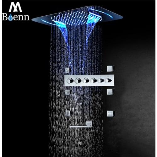 M Boenn Shower Systems Bathroom Shower Faucet Rainfall Shower Set Thermostatic Mixer Bath Tap Waterfall Embedded LED Showerheads