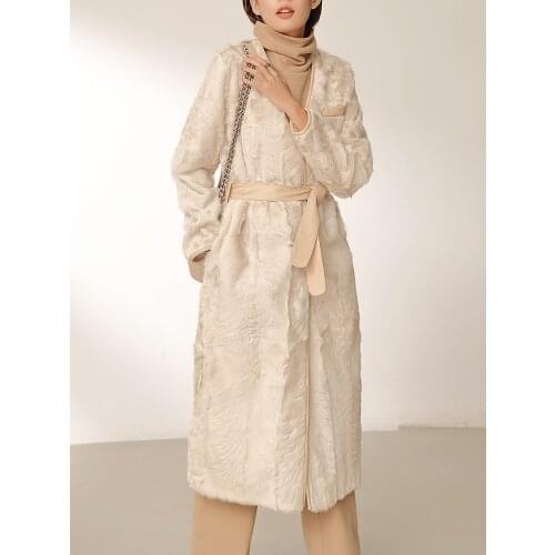 Fashion Women Spring Autumn Slim Full Pelt Real Lamb Wool Fur Long Coat Ladys V-neck Slim Outwear Coat