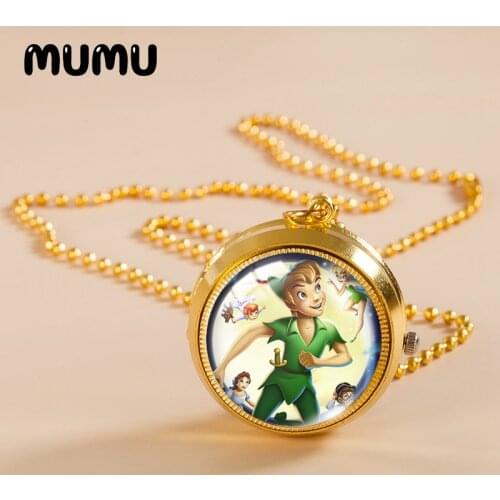 2021 New Peter Pan Wendy Pocket Watch Necklace Neverland Gold Color Vintage Watch Glass Dome Pendant Jewelry Gifts
