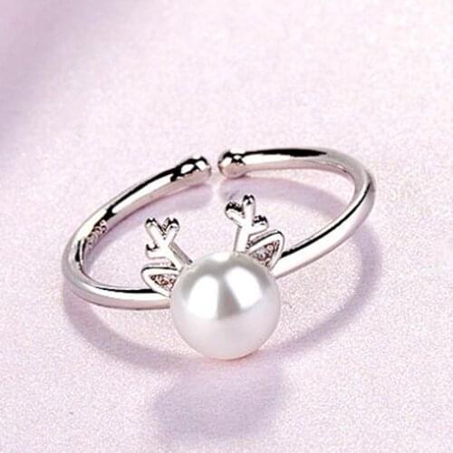 Oly2u Women Weeding Rings Deer Head Cute Romantic Rings For Ladies Gift Jewelry Pearl Ring Kids Christmas Gifts