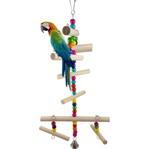 Bird Hanging Bite Gift Wooden Climbing Parrot Cage Chew Toy Playing Perch Swing String Ladder Bell Toys Cage Decoration