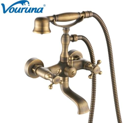 Luxurious Antique Brass Bath & Shower Mixer Tap Traditional Wall Mounted Bathtub Faucet