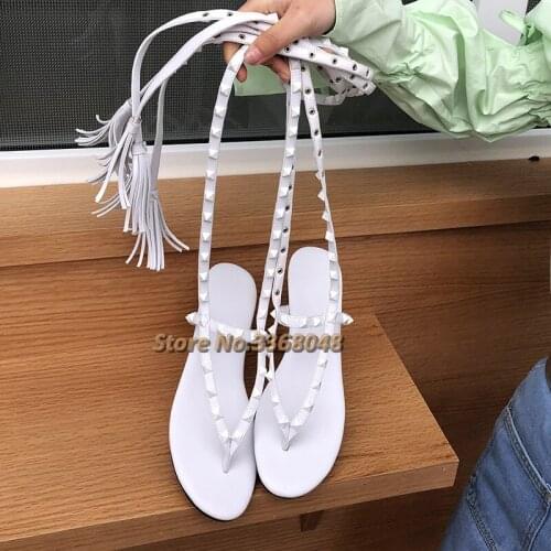 Rivet Lace Up Flat With Sandals Summer New Arrivals Ankle Circle Strap Tassel Casual Flip Flops Sandals Women Black White