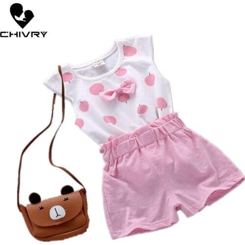 New 2020 Little Girls Clothing Sets Summer Polka Dots Short Sleeve Bow Sweat T-Shirt Tops With Shorts Baby Girls Clothes Sets