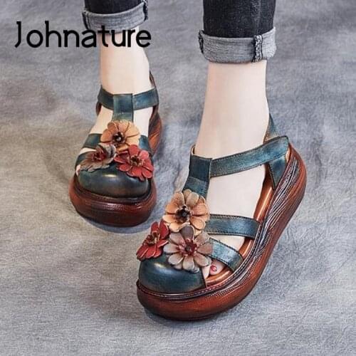 Johnature Women Sandals Genuine Leather 2020 New Summer Women Shoes Buckle Strap Retro Wedges Casual Platform Ladies Sandals