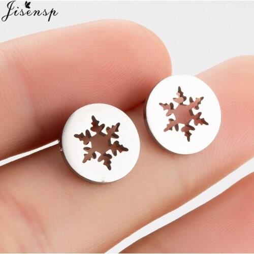 Jisensp Stainless Steel Snowflake Stud Earring for Women Stylish Flower Lovers Engagement Jewelry Round Earing Drop Shipping