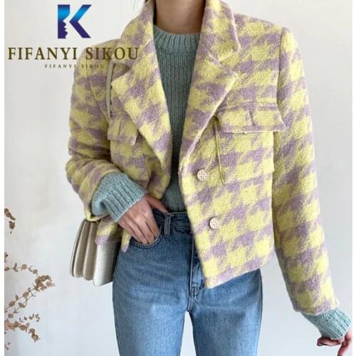 Yellow Plaid Blazer Jacket Women Autumn Winter Thick Warm Fashion Single Breasted Lapel Suit Jacket Ladies Casual Blazers Coat