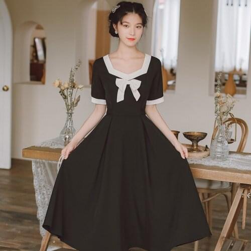 Retro Girl Sweet Vestido Women 2021 Summer New French Square Neck Elegant Temperament Bow Cute Preppy Style Dress Short Sleeves