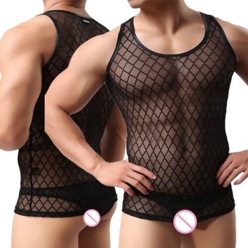 2018 Brand New Men Sexy Mesh Plaid Transparent Tank Tops Novelty Black Undershirts For Fun Party Male Gay Vest Size M L XL