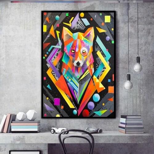 Abstract Geometry Dog Fox Wolf Glasses Art Canvas Painting Colorful Animals Wall Picture Morden Living Room Home Decor Poster