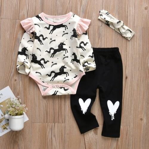 3PCS Newest Infant Baby Clothing Set Printed Fly Sleeve Girl Baby Bodysuits+Elastic Pants+Headband Cotton Casual Outfits Set
