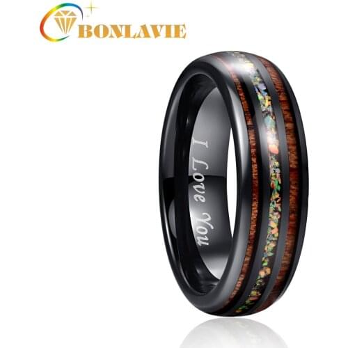 BONLAVIE 6mm Vintage Dome Black Acacia Wood Opal Colorful Tungsten Ring for Women Engagement Ring Accessories