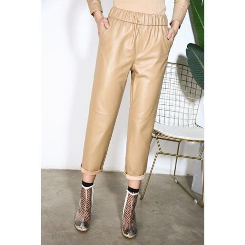Natural Leather Capri-Pants Womens Elastic Waist Milk Brown Leather Pants Casual Sheepskin Spat All-Match Boots Pants
