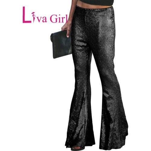 LIVA GIRL Casual Sequin Chic Bell Bottom Fashion Pants Woman High Waist Wide Leg Pants Female Autumn Winter Solid Slim Bottoms