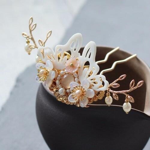 Delicated Handmade Women Hair Jewelry Hair Decorate Butterfly Tassels Crown Costume Accessories Gold-plated Flower Hair Stick