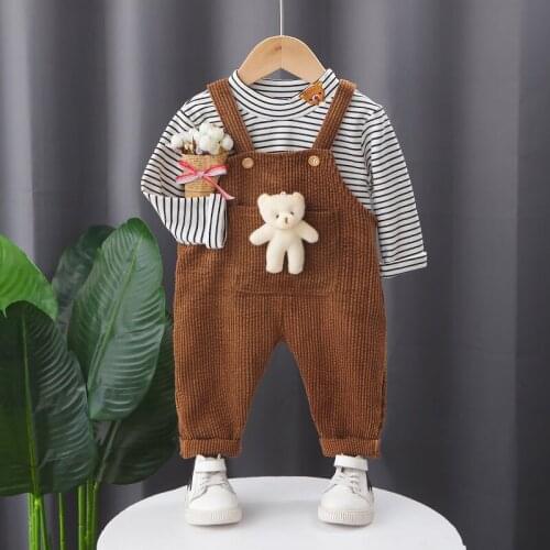 New Spring Autumn Children Cotton Clothes Baby Girls Suit Strips T-shirt Corduroy Bib Pants 2Pcs/sets Out Kid Fashion Clothing