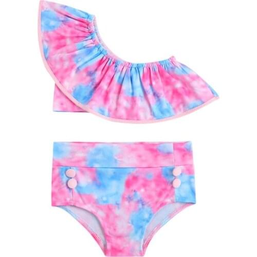 Girls Tie-dye Ruffle Top Panty Swimsuit Two-piece Swimming Vacation Beach Swimwear Baby Swimwear