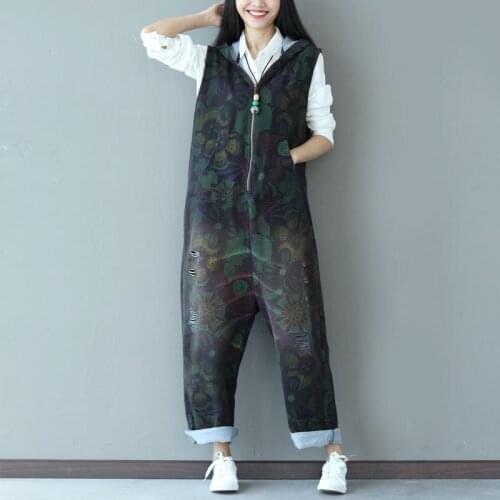 Denim Hooded Overalls Women Zipper Sleeveless Jumpsuits New Hip Hop Ripped Hole Jean Rompers Baggy harem Trousers G062402
