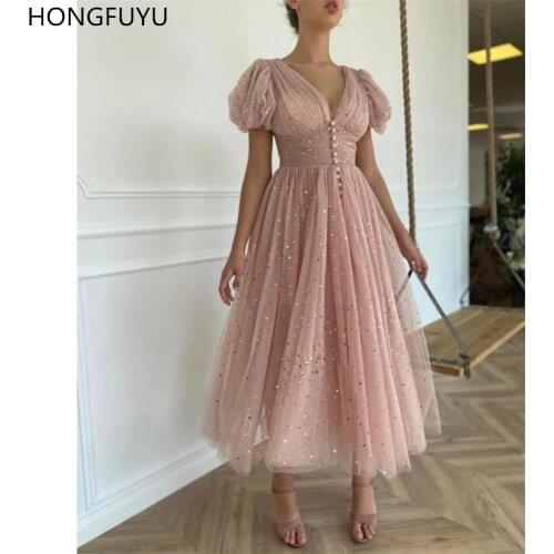 HONGFUYU Glitter Short Prom Dresses V-Neck Puff Sleeves платье Tulle Evening Dress Buttons A-Line robe de soirée Party Gowns