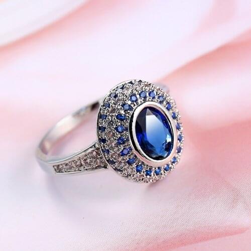 Prong setting Blue Zircon Halo Ring White Gold Filled Sparkling Wedding Womens Ring Gift