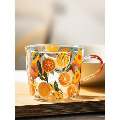 Ins Popular Glass Mug With Handgrip Cute Brief Style Breakfast Salad Cups 400ML 500 ML Large Capacity Fruit Printed Mugs