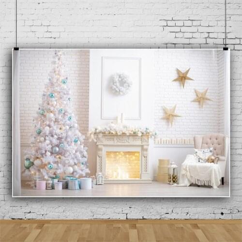 Laeacco Photo Backdrop White Christmas Tree Fireplace Living Room Vinyl Background for Children Baby Family Photography Banner