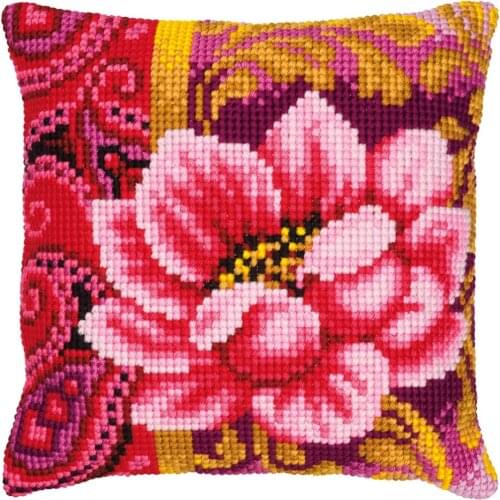 DIY Cross Stitch Cushion Cover Pink Bloom Needlepoint Kits Printed Canvas Chunky Yarn Cross-stitch Pillow Case Arts and Crafts