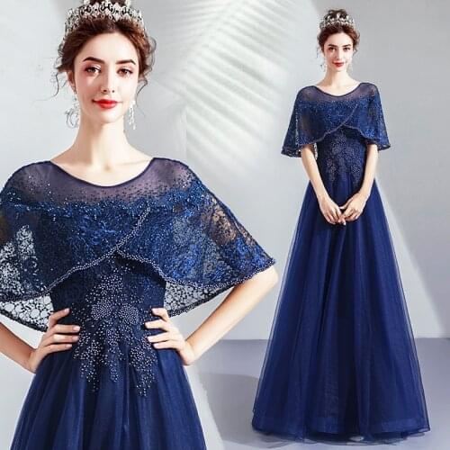 2019 New Scoop Neck Long Prom Dresses Lace Appliques Tulle Skirt Delicate Beaded Prom Gowns Navy Blue Women Formal Party Dress