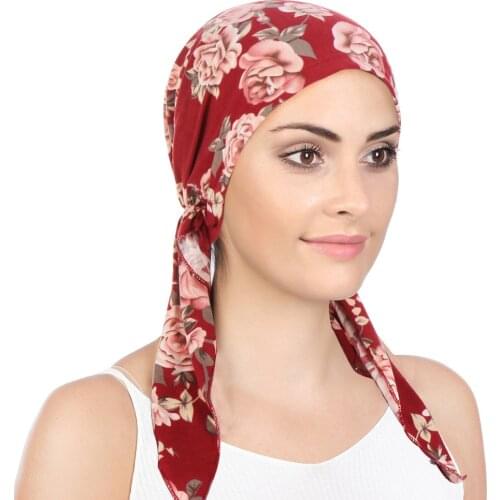 New Muslim Women Soft Turban Hat Headbands Pre-Tied Head Scarf Printed Ladiess Cotton Chemo Cap Inner Hijabs Hair Accessories