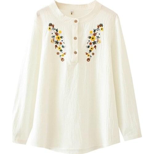 Autumn Women Shirts Ladies Chest Embroidery Tops Female Long Sleeve Blouses COTTON&LINEN Loose Plus Size Clothing F32 F195