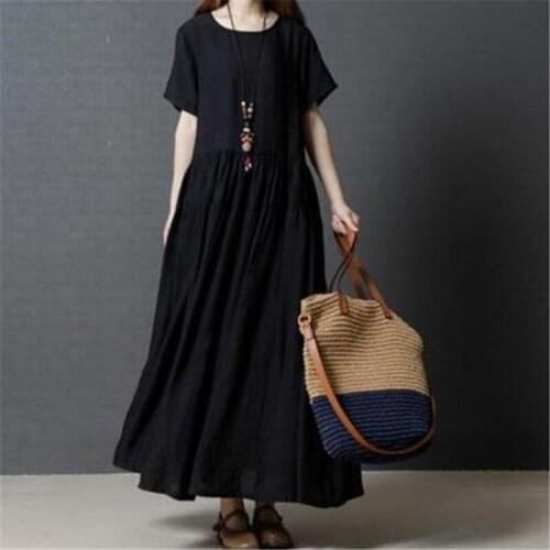 Vintage Short Sleeve Loose Dress Women 2020 Summer New Beach Ukraine Linen Cotton Boho Black Dresses Green Plus Size 5XL 7XL