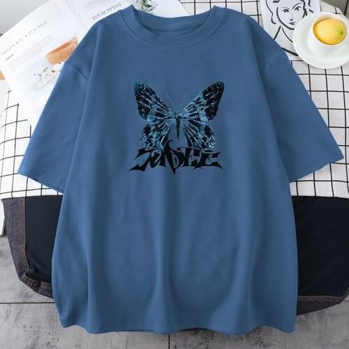 Blue Beautiful Butterfly Printed T Shirts Women Loose Traveling T Shirts Funny Style Tee Shirts Fashion Crewneck Womans T-Shirt