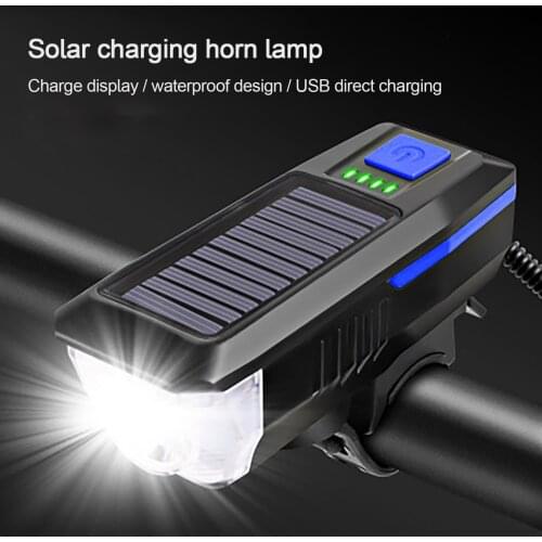 Solar Powered Usb Rechargeable Led Bicycle Headlight Bike Head Light Lamp + Horn Headlight Rainproof Bicycle Flashlight #20