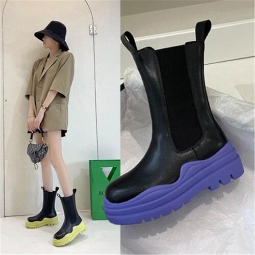 2021 New Chunky Platform Chelsea Boots Female Street Style Elastic Band Mid Calf Boots Women Fashion Non Slip Botas Altas Mujer