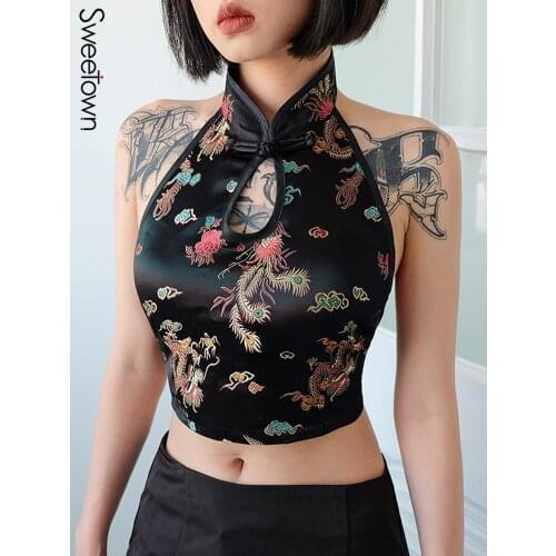 Sweetown Vintage Dragon Embroidery Bralette Crop Top Women Summer 2018 Lace Up Halter Tops Sexy Backless Hollow Bandage Tank Top