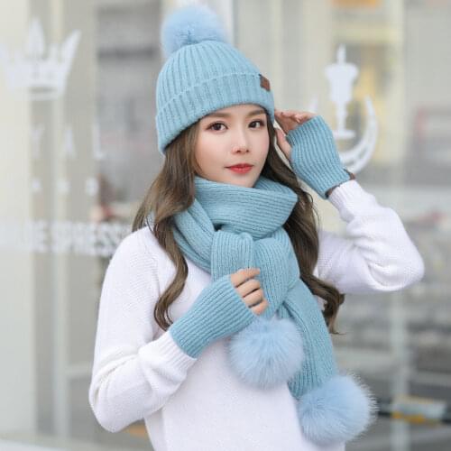 Winter Knitting Beanie Hat Scarf Glove Sets Men Cap Women Woolen Long Scarf Unisex Thicken Plush Velvet Gloves Scarf Caps Set