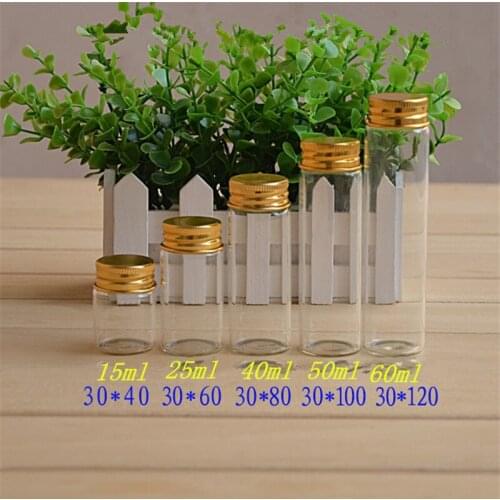 15ml 25ml 40ml 50ml 60ml Glass Bottles Jewelry Packing Gifts Golden Aluminium Lid Empty Wishing Vials Hyaline Jars 50pcs