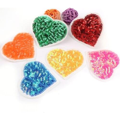 6pcs Colorful Sequin Heart Patch Computer Embroidery Badges Hand Sewing Ironing Sticker On Cloth Garment Hat Bag Accessories