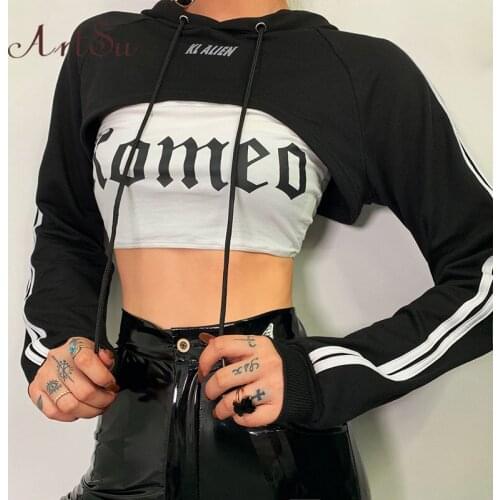 ArtSu Fall Clothing Crop Top Women Black Hooded hoodies sweatshirts Long Sleeve hoody ladies Reflective Streetwear ASHO20362