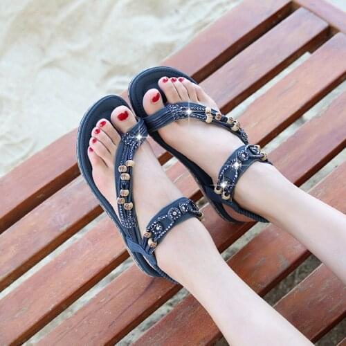 Summer Korean Large Size Bohemian String Bead Sandals Womens Flats Beach Shoes Ladies Platform Sandals Zapatos Mujer