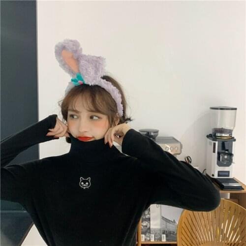 Womens T-shirts Tops Japanese Kawaii Ulzzang Retro Casual Cat Embroidered T-shirt Female Korean Harajuku Clothes For Women