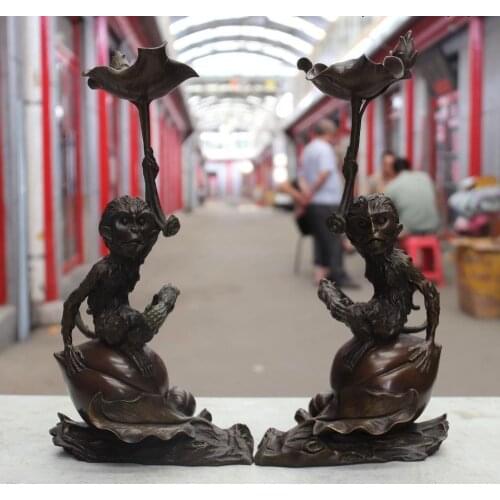 China Bronze Copper Monkey Peach Candlestick Candleholder Candler Pair