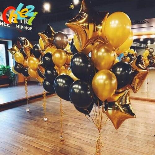 13pcs/lot 12 inch pearl black gold Latex balloons with 18 inch gold star wedding birthday party decor inflatable air ball supply