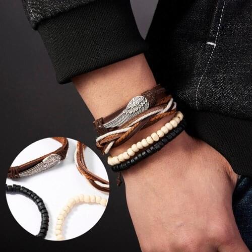 4pcs/set Punk Feather Wing Charm Female Male Men Leather Bracelet Vintage Wood Bead Handmade Bracelet For Women Femme Jewelry