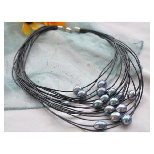 New Arrival Pearl Jewelry 15 Strands 13mm Peacock Black Rice Pearl Black Leather Necklace 20inches Handmade Perfect Woman Gift