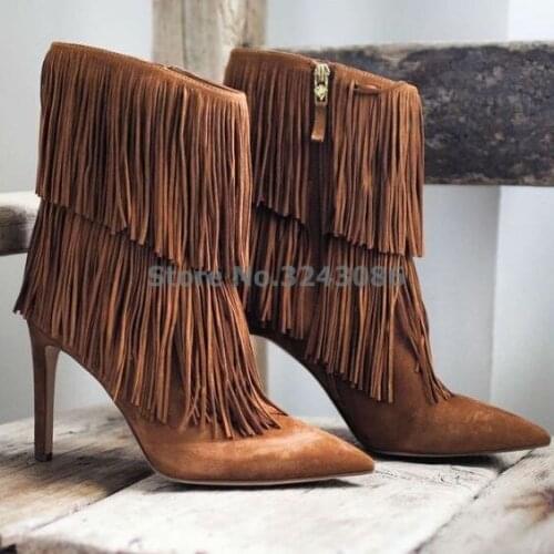 Black Khaki Gray Pointed Toe Fringe Thin High Heel Shoes Faux Suede Zipper Ankle Boots Casual Tassel Nubuck Women Short Boots