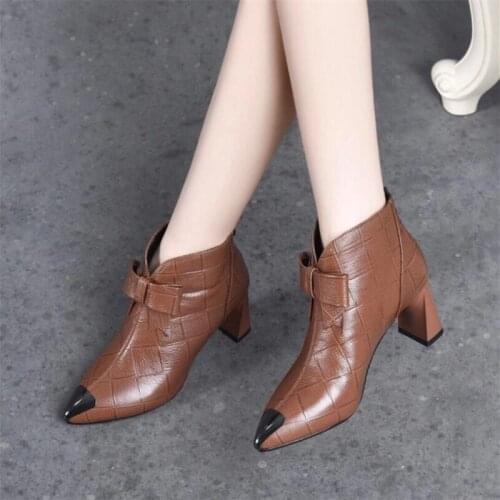 2020 Autumn Fashion Genuine Leather Pointed Toe Womens Boots Thick High Heels British Martin Single Boot Wedding Party Shoes
