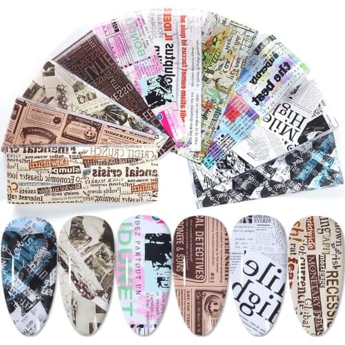 10pcs Vintage Newspaper Nail Foil Transfer Sticker Letters Ticket Map Decal 20*4cm Starry Paper Lacquer Wrap Decoration SA1565-1